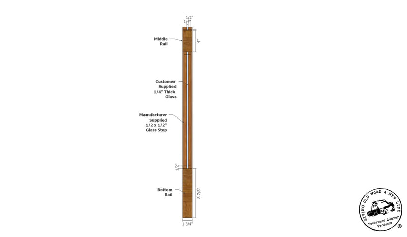 3 Glass Lite Barn Wood Door cross section drawing